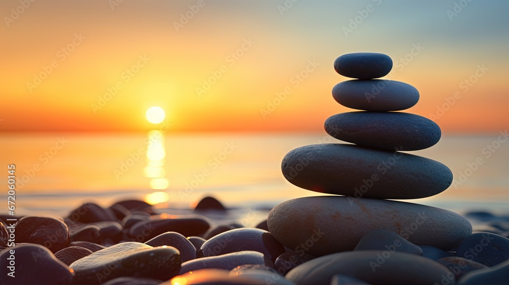 Poster balanced pebble pyramid silhouette on the beach. abstract warm sunset bokeh with sea on the backgrou
