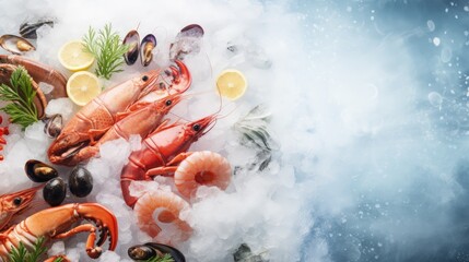 Top view of variety of fresh luxury seafood, Lobster salmon mackerel crayfish prawn octopus mussel and scallop, on ice background with icy smoke in seafood market. Photo With Copy space. - obrazy, fototapety, plakaty
