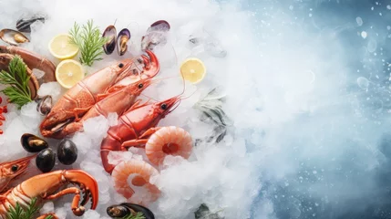 Foto op Aluminium Top view of variety of fresh luxury seafood, Lobster salmon mackerel crayfish prawn octopus mussel and scallop, on ice background with icy smoke in seafood market. Photo With Copy space. © HN Works