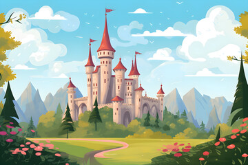 cartoon landscape illustration of fairy tale castle on hill - obrazy, fototapety, plakaty