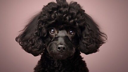 black small poodle on a beige background. curly dog in photo studio. Maltese, poodle