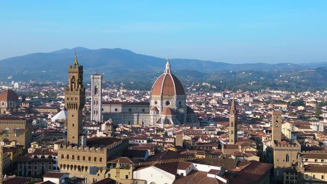 Magic aerial top view flight 
Cathedral medieval town Florence Tuscany Italy. descending drone 4k cinematic