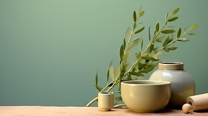 Bowl, bottles of eucalyptus essential oil, mortar, bunch of fresh eucalyptus branches on green background. Natual organic ingredients for cosmetics, skin care, body treatment.