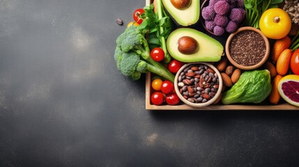 Fototapeta na wymiar Fresh vegetables and fruits, seeds, cereals, beans, spices, superfoods, herbs, condiment in wooden box for vegan, allergy-friendly, clean eating and raw diet. Grey concrete background and top view