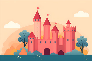 Fototapeta na wymiar pink simple cartoon fairy tale castle landscape on beige background