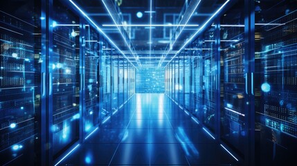Data servers and Digital information flows through the network and behind glass panels in the server room of a data center or Internet service provider