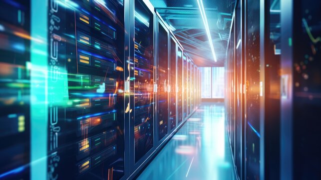 Data servers and Digital information flows through the network and behind glass panels in the server room of a data center or Internet service provider