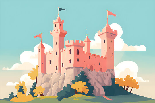 minimalist illustration of pink fairy tale castle on the hill