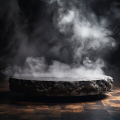 *Gray textured concrete platform, podium or table with smoke in the dark. Made with generative ai. 