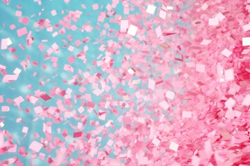 Obraz premium A lively and visually pleasing background image for creative content, capturing pink confetti falling in a close-up view against a light blue background. Photorealistic illustration