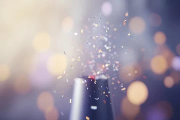 Fotobehang A dynamic background image for creative content, depicting confetti being blown out of a machine with a blurred background, evoking a sense of celebration and excitement. Photorealistic illustration © DIMENSIONS