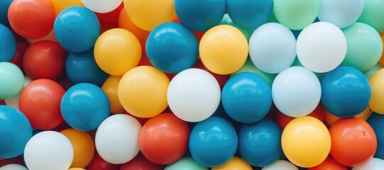 Fototapeta na wymiar A wide-format background image for creative content, featuring an array of colorful balloons, creating a visually dynamic and celebratory composition. Photorealistic illustration