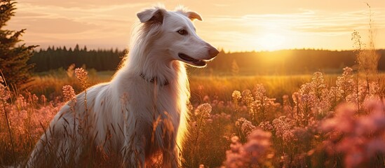 In the sunset of a summer evening a Borzoi known as a White Russian dog gracefully roams the picturesque meadow set ablaze by the radiant colors of the sunset and sunrise