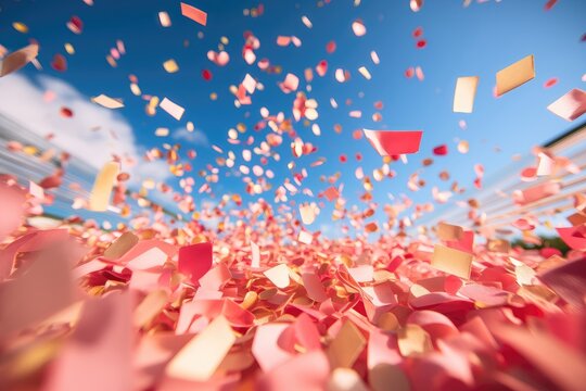 A dynamic and celebratory background image for creative content, highlighting square confetti falling in a close-up view against a bright blue sky, creating a joyful scene. Photorealistic illustration