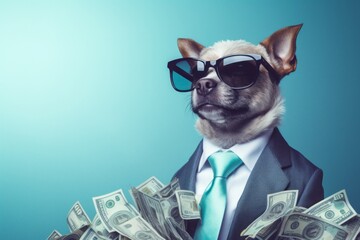 Cool rich successful hipster dog wearing suit with sunglasses with cash money. Blue background - obrazy, fototapety, plakaty