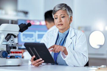 Scientist, woman or tablet in laboratory for medical development, innovation and data analysis....