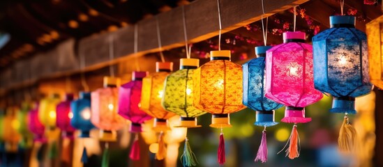 During the Loi Kratong or Yi Peng festival colorful paper lamps in the traditional art style of northern Thai Lanna are hung for decoration in Chiang Mai gate as well as in the temple
