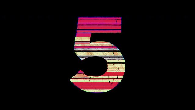 Digit 5 in cartoon glitchy style on transparent background in 4k grunge animation for learning numbers, digits and count. Goes with 26 alphabet clips in same design and animation style.