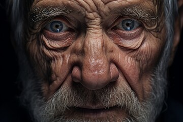 The performance of body aging shall be marked with wrinkles, spots. Blue eyes of senior old man - obrazy, fototapety, plakaty