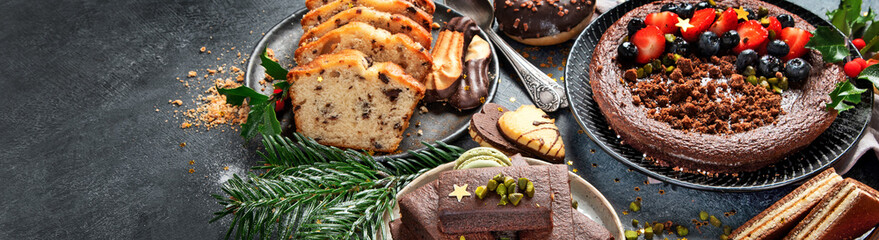 American Christmas sweets on dark background. Traditional food. Winter holidays concept