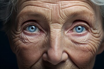 The performance of body aging shall be marked with wrinkles, spots. Blue eyes of senior old lady - obrazy, fototapety, plakaty