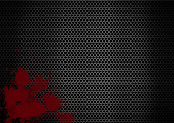The gray gradient background of the metal mesh pattern decorated with red droplets looks like blood, creating a feeling of horror, mystery, murder, used in media design.