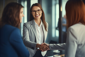 Happy mid aged business woman manager handshaking greeting client in office. Smiling female executive making successful deal with partner shaking hand at work standing at meeting table - obrazy, fototapety, plakaty