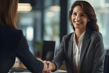 Happy mid aged business woman manager handshaking greeting client in office. Smiling female executive making successful deal with partner shaking hand at work standing at meeting table - obrazy, fototapety, plakaty
