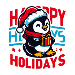 Merry christmas character penguin illustration. Happy holidays quote.