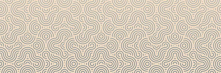 Abstract swirl pattern background. Seamless wavy line texture and concentric circles design. Modern vintage retro ornament for fabric, textile, and wallpaper.