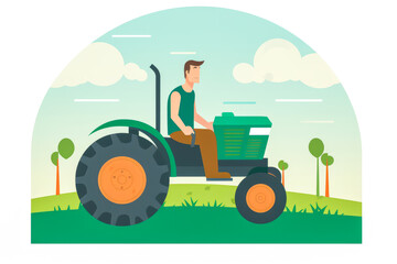 Farmer riding tractor ploughing field in flat design.