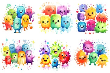 A group of colorful germs, bacteria with different expressions, watercolor clipart on white background.
