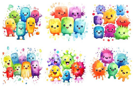 A Group Of Colorful Germs, Bacteria With Different Expressions, Watercolor Clipart On White Background.