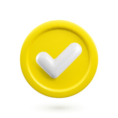 Vector 3d Check mark realistic icon. Trendy plastic yellow checkmark, select icon with shadow isolated on white background. Golden yes button. 3d render tick sign illustration for web, app, design.