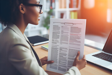 Close up view of female HR manager reading cv during virtual remote online job interview concept. Business woman employer holding resume hiring recruit in professional recruitment agency - Powered by Adobe