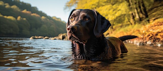 A Welsh river is where a Labrador retriever with black fur can be found