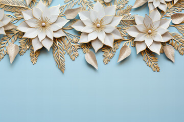 golden poinsettia flower pattern frame border on a pastel blue background with copy space