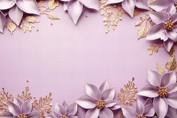 Fototapeta na wymiar golden poinsettia flower pattern frame border on a pastel purple background with copy space