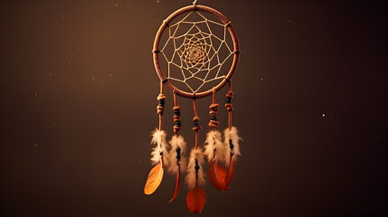 Fototapeta na wymiar Dream catcher with feathers threads and beads rope hanging. Dreamcatcher handmade 