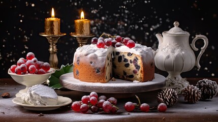 Delicious Christmas cake with red berries and white frosting on a grey table