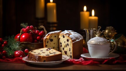 Delicious panettone cake with festive decorations on a wooden table