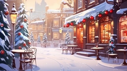 Cozy Christmas coffee shop with snowy street and festive lights in winter season. Holiday illustration of cafe with warm atmosphere and landscape wallpaper.