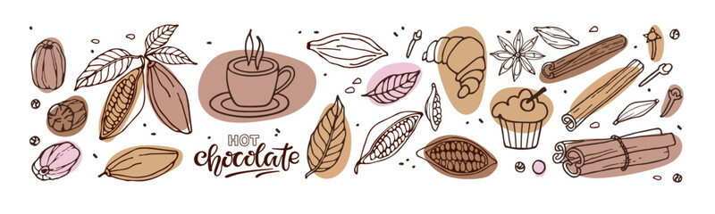 Hot Chocolate set. Hand drawn sketch vector Cocoa beans, leaves, cup, sweets, pastries, spices sketch and hot Chocolate lettering isolated. Doodle sketch for cafe, menu, label, logo, emblem, symbol. - obrazy, fototapety, plakaty