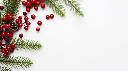 Spruce branches and red berries on white background: a festive Christmas flat lay with copy space
