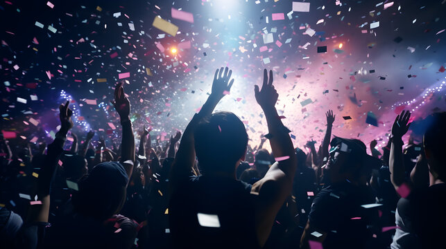 crowd of people dancing at concert, Concertgoers with confetti and vivid stage lights