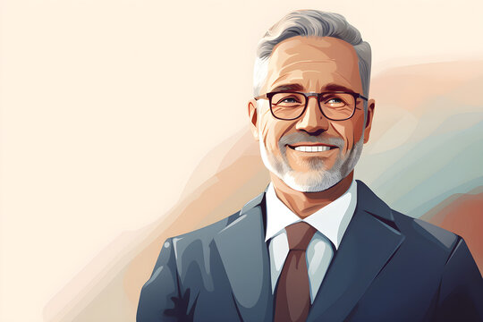 illustration of Smiling older bank manager or investor, happy middle aged business man boss ceo, confident mid adult professional businessman executive standing in office, mature entrepreneur headshot