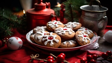 Delicious homemade gingerbread cookies in festive shapes on a wooden table with cinnamon sticks and star anise