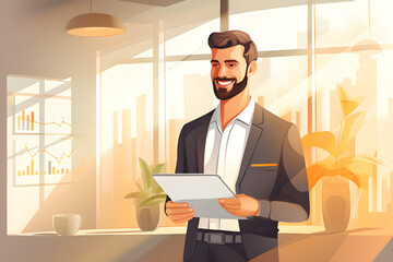 illustration of Smiling busy young Latin business man entrepreneur using tablet standing in office at work. Happy male professional executive manager using tab computer managing financial banking