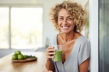 Healthy senior mature woman smiling while holding some green juice.