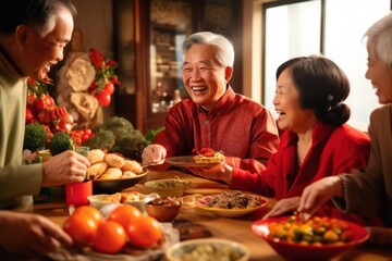 happy Chinese family at a festive New Year's table. Chinese New Year - obrazy, fototapety, plakaty